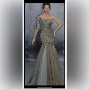 Tarik Ediz One Shoulder Gray Gown